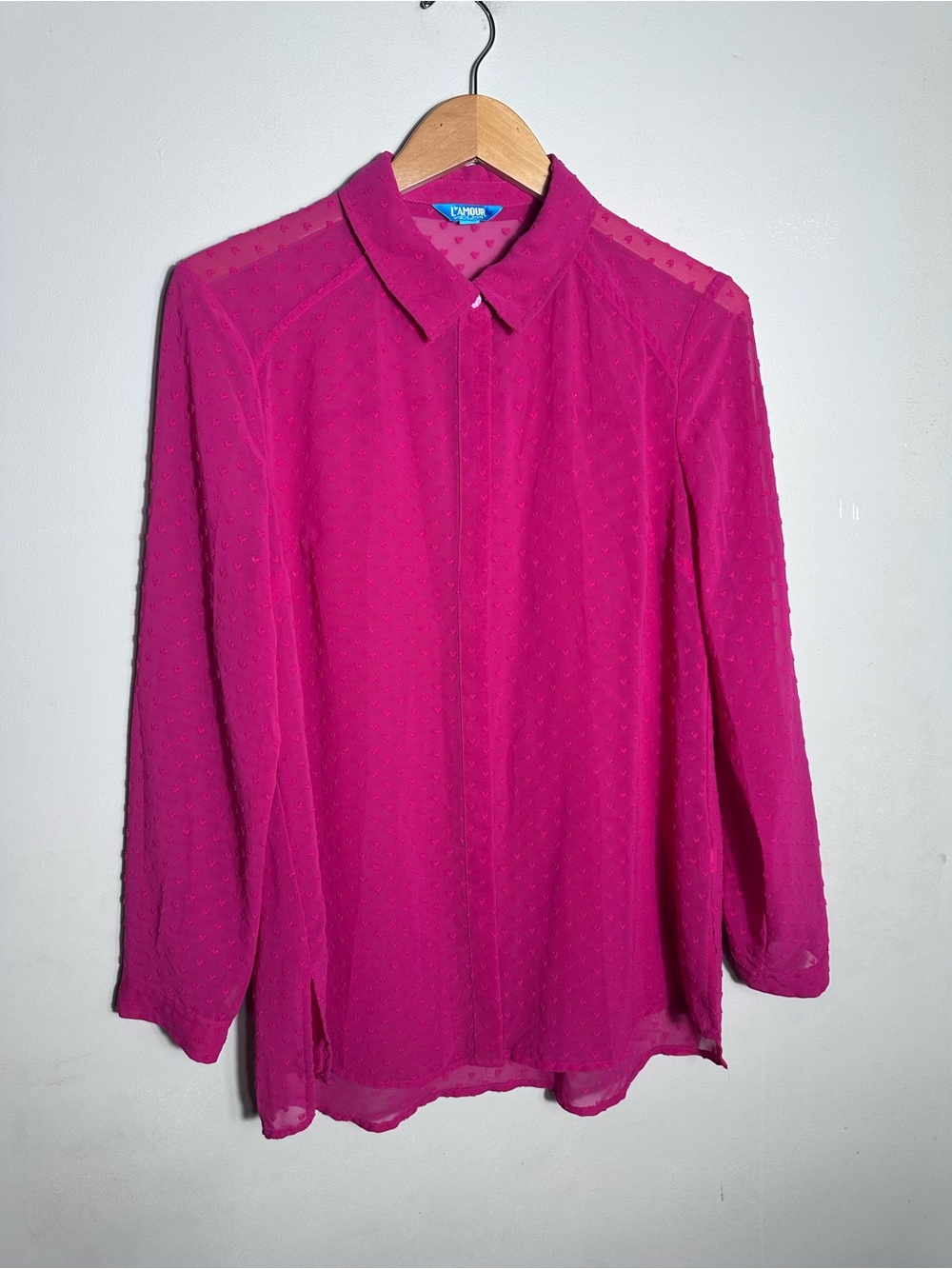Fuchsia Heart-Textured Sheer Button-Front Blouse